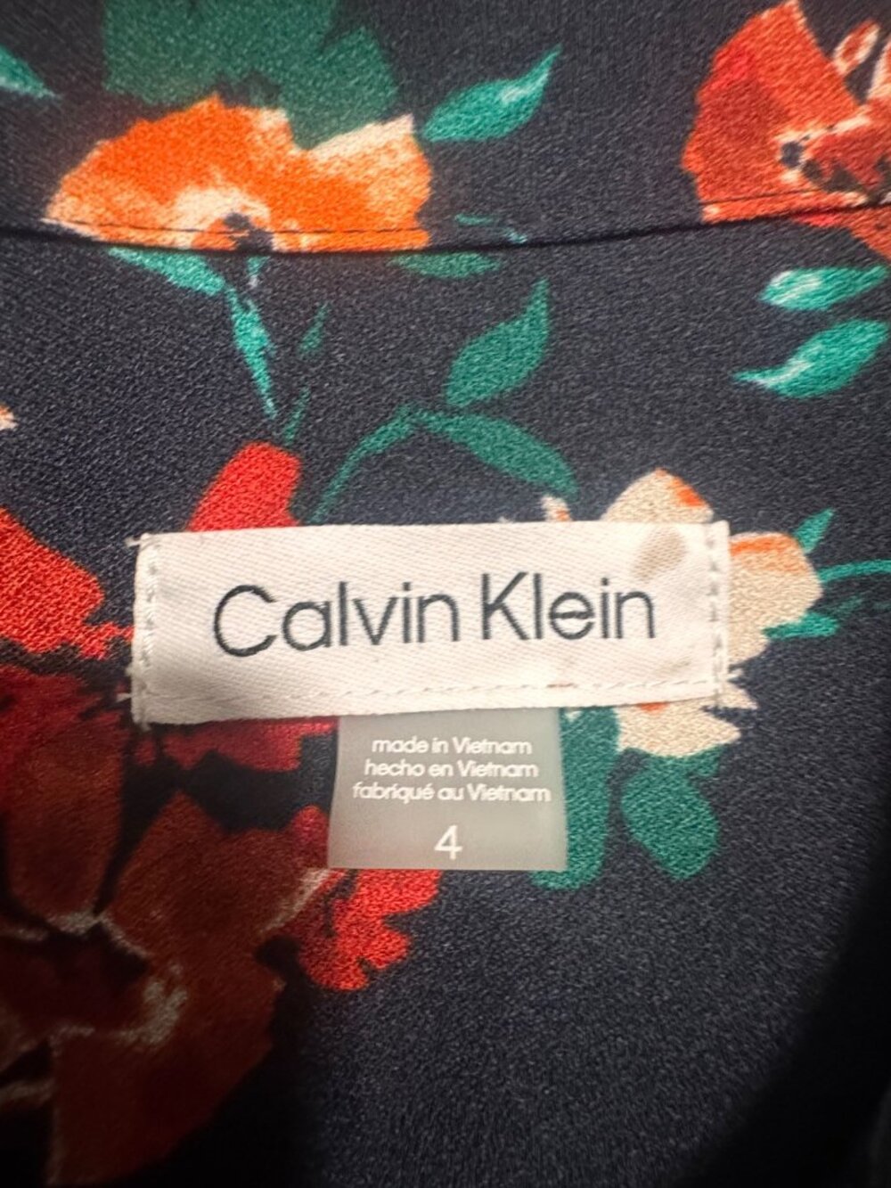 Calvin Klein Floral Belted Midi Dress Navy Orange Green MSRP $139 - Picture 3 of 9